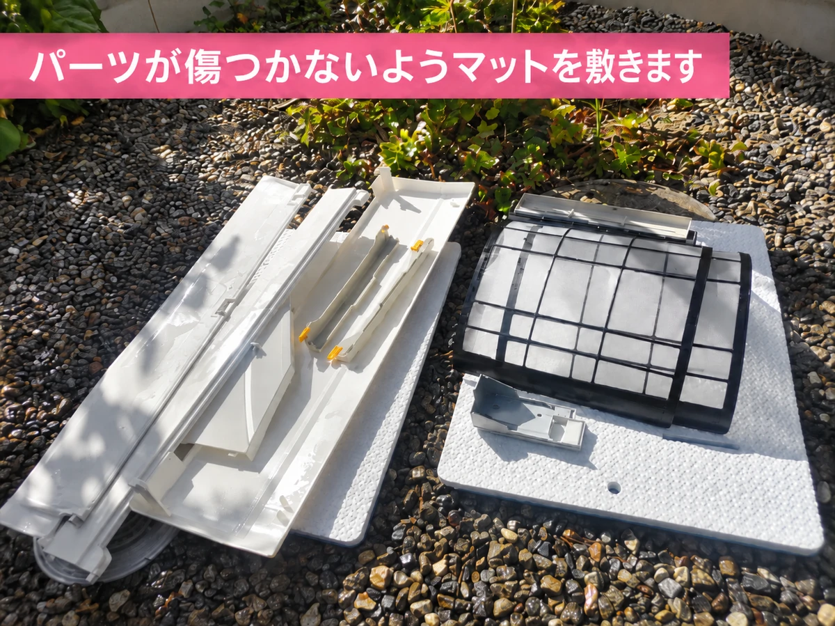 エアコンのパーツが傷つかないようマットを敷いて洗浄している様子